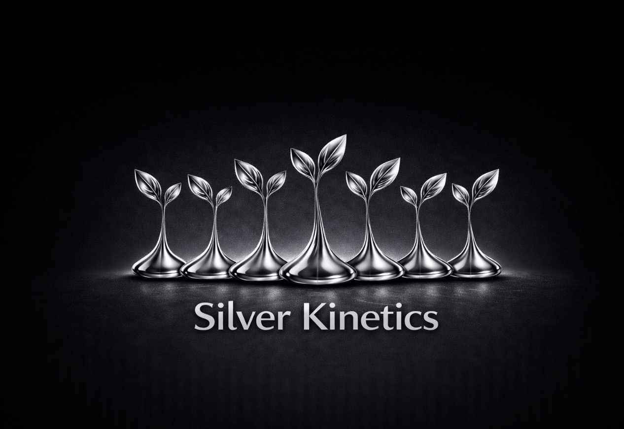 Silver Kinetics brand illustration featuring seven stylised silver seedlings