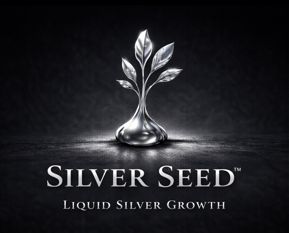 Silver Seed brand artwork: a silver seed sprouting leaves above the words Liquid Silver Growth